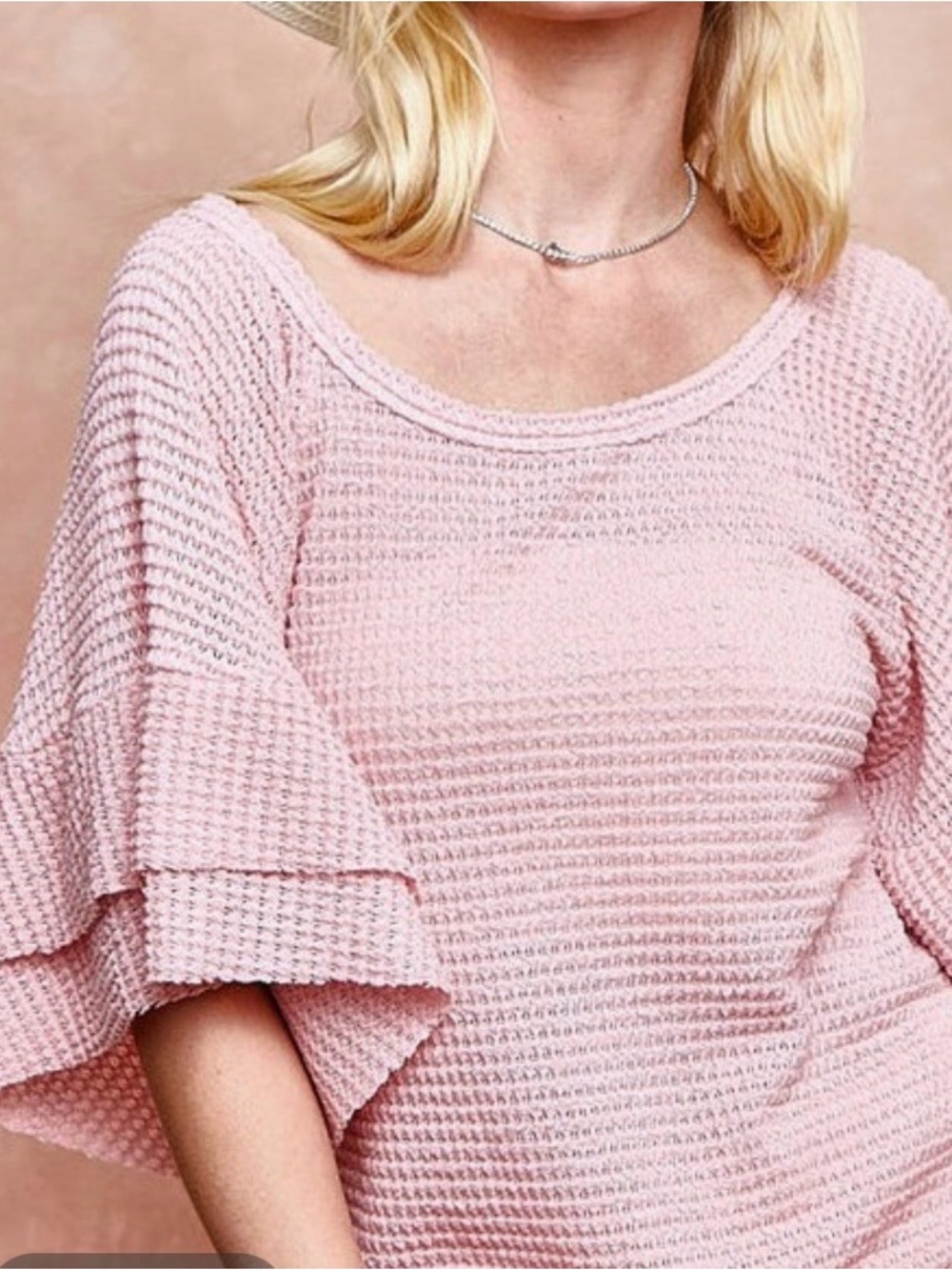 BiBi Pale Pink Waffle Knit Scoop Neck Sweater with Tiered Ruffle Sleeves